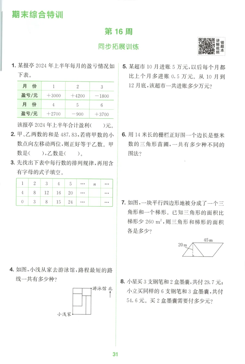 五年级数学苏教江苏专版上册25秋《拔尖特训》周末拔尖学案_25秋《拔尖特训》小学语数英各版本_1-6年级数学苏教江苏专版上册25秋《拔尖特训》