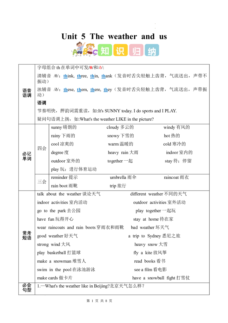 Unit5Theweatherandus(知识清单)_4上-新英语人教PEP版（2025持续更新）_09知识清单_知识清单（新增）