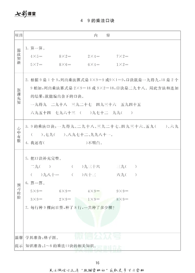 二年级数学上册青岛63制《七彩课堂》预习卡_1-6年级《七彩课堂》预习卡_1-6年级数学上册青岛63制《七彩课堂》预习卡