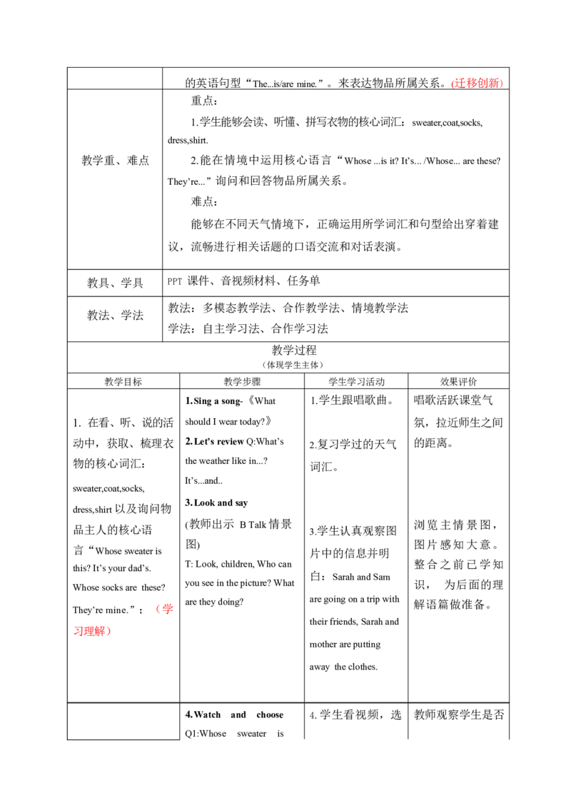 全册表格式单元整体教学设计_4上-新英语人教PEP版（2025持续更新）_04教案+教学计划
