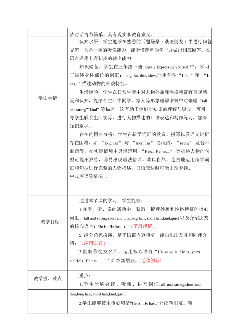 全册表格式单元整体教学设计_4上-新英语人教PEP版（2025持续更新）_04教案+教学计划