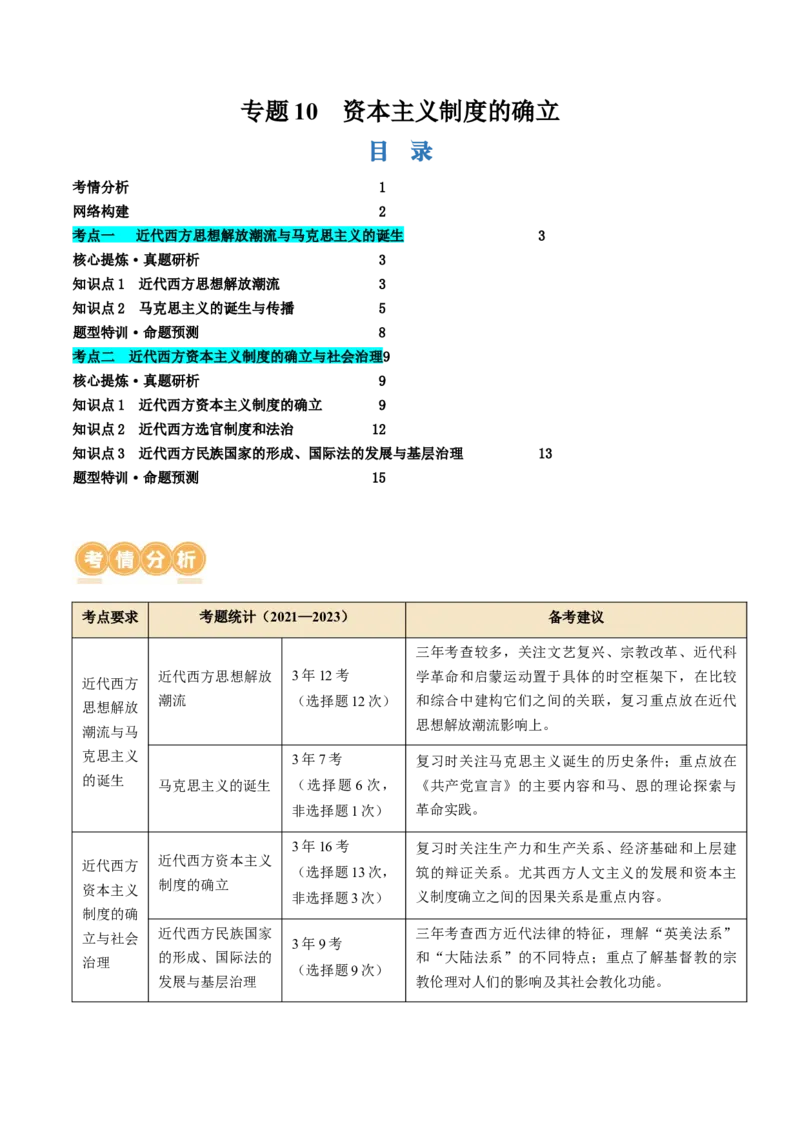 专题10资本主义制度的确立（讲义）（原卷版）_07高考历史_2024年新高考资料_2.2024二轮复习_2024年高考历史二轮复习讲练测（新教材新高考）