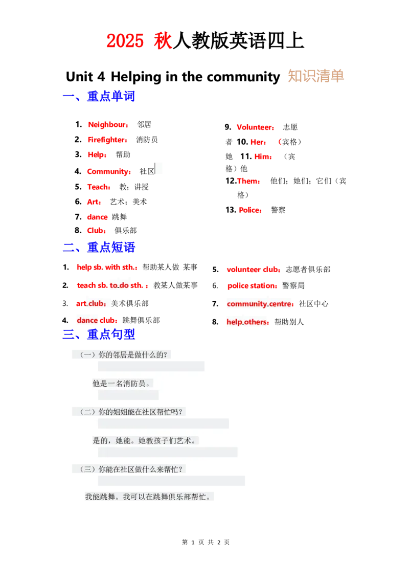 知识清单Unit4教师版_4上-新英语人教PEP版（2025持续更新）_09知识清单_知识清单
