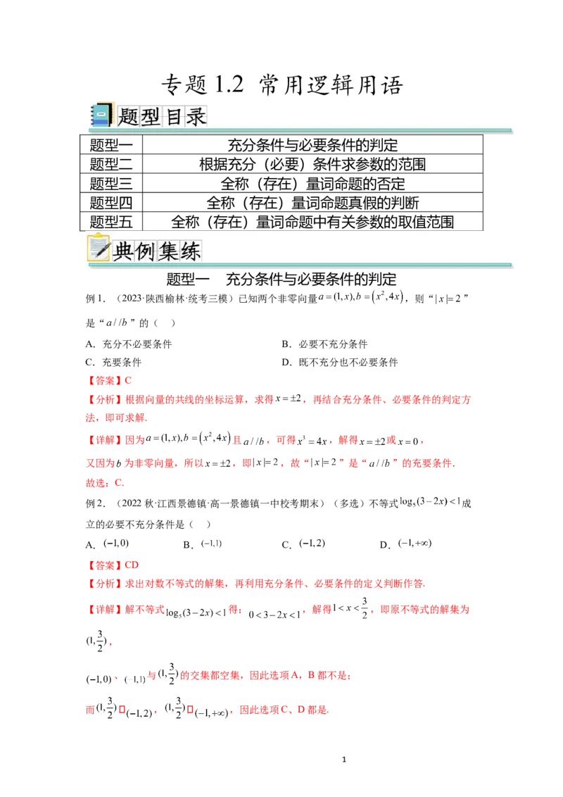 专题1.2常用逻辑用语（解析版）_02高考数学_新高考复习资料_2024年新高考资料_一轮复习资料_完备战2024年新高考数学一轮复习题型突破精练（新高考）_专题1.2+常用逻辑用语