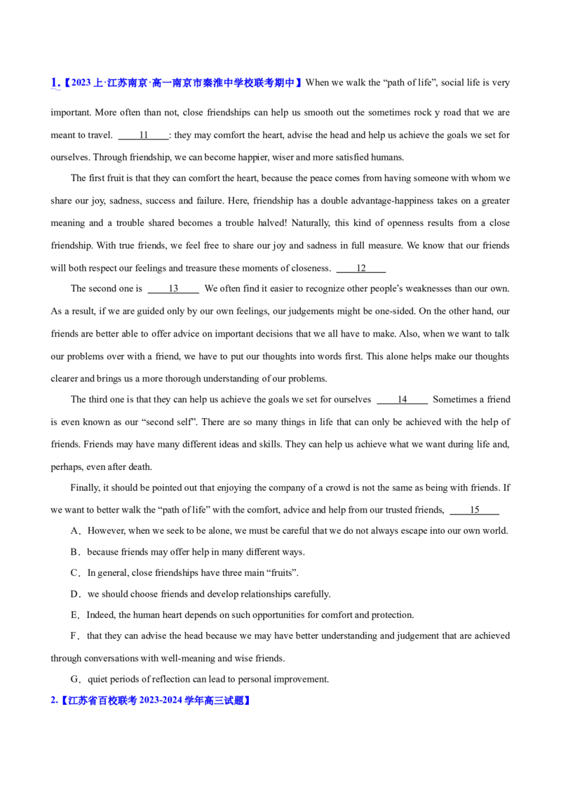 专题12七选五之依据行文手法（线索词汇+逻辑关系）解题（分层练）(原卷版）-高频考点解密2024年高考英语二轮复习高频考点追踪与预测（新高考专用）_03高考英语_新高考复习资料