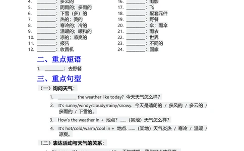 知识清单Unit5默写版_4上-新英语人教PEP版（2025持续更新）_09知识清单_知识清单