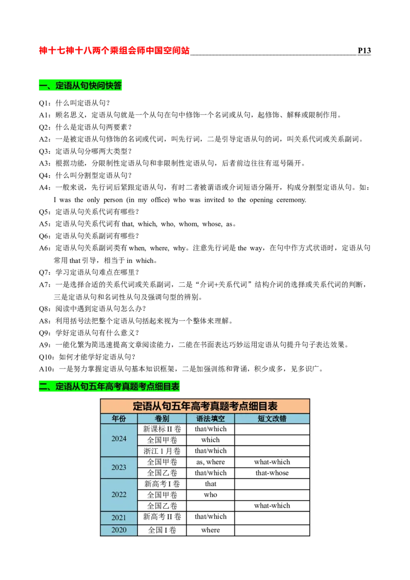 专题11定语从句十大考点（讲案）原卷版_03高考英语_新高考复习资料_2025年新高考复习_2025年高考英语一轮复习知识清单