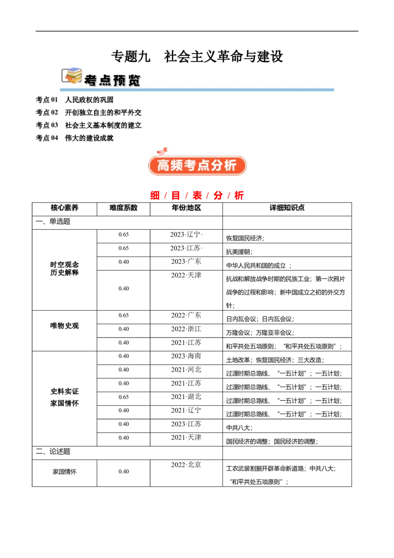 专题09社会主义革命与建设（原卷版）_07高考历史_新高考复习资料_2024年新高考复习资料_二轮复习资料_完2024年高考历史二轮专题复习高频考点追踪分析与预测