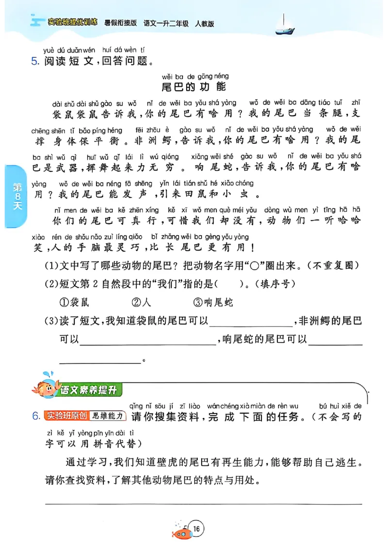 25版语文实验班提优训练暑假衔接一升二_25秋《实验班》系列_25版实验班语数英人教北师大苏教译林《暑假衔接》_实验班暑假衔接语文25年
