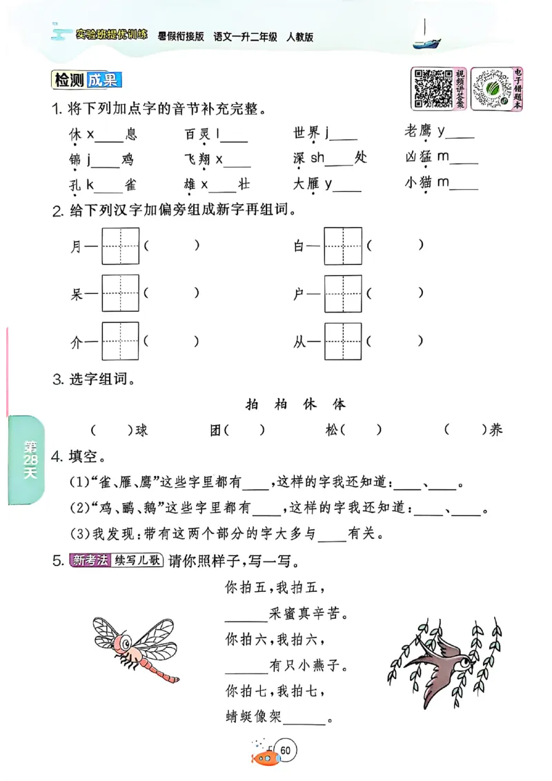 25版语文实验班提优训练暑假衔接一升二_25秋《实验班》系列_25版实验班语数英人教北师大苏教译林《暑假衔接》_实验班暑假衔接语文25年