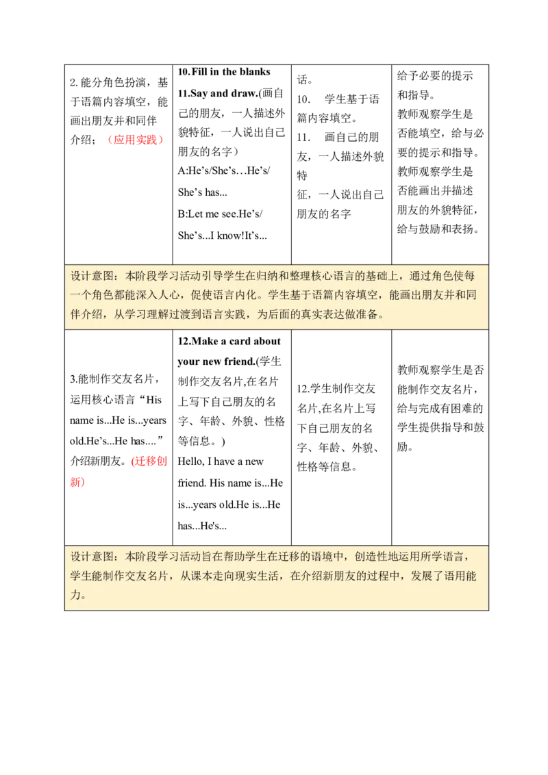 Unit2Myfriends单元整体教学设计表格式（5课时）_4上-新英语人教PEP版（2025持续更新）_04教案+教学计划_表格式单元整体教学设计