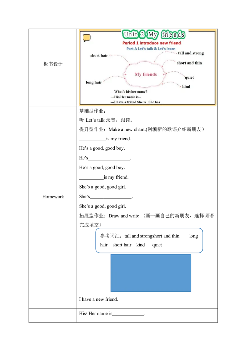 Unit2Myfriends单元整体教学设计表格式（5课时）_4上-新英语人教PEP版（2025持续更新）_04教案+教学计划_表格式单元整体教学设计