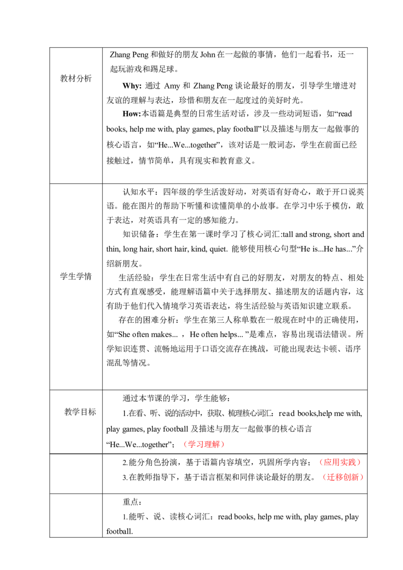 Unit2Myfriends单元整体教学设计表格式（5课时）_4上-新英语人教PEP版（2025持续更新）_04教案+教学计划_表格式单元整体教学设计