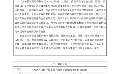 Unit6Changingfortheseasons单元整体教学设计表格式（5课时）_4上-新英语人教PEP版（2025持续更新）_04教案+教学计划_表格式单元整体教学设计