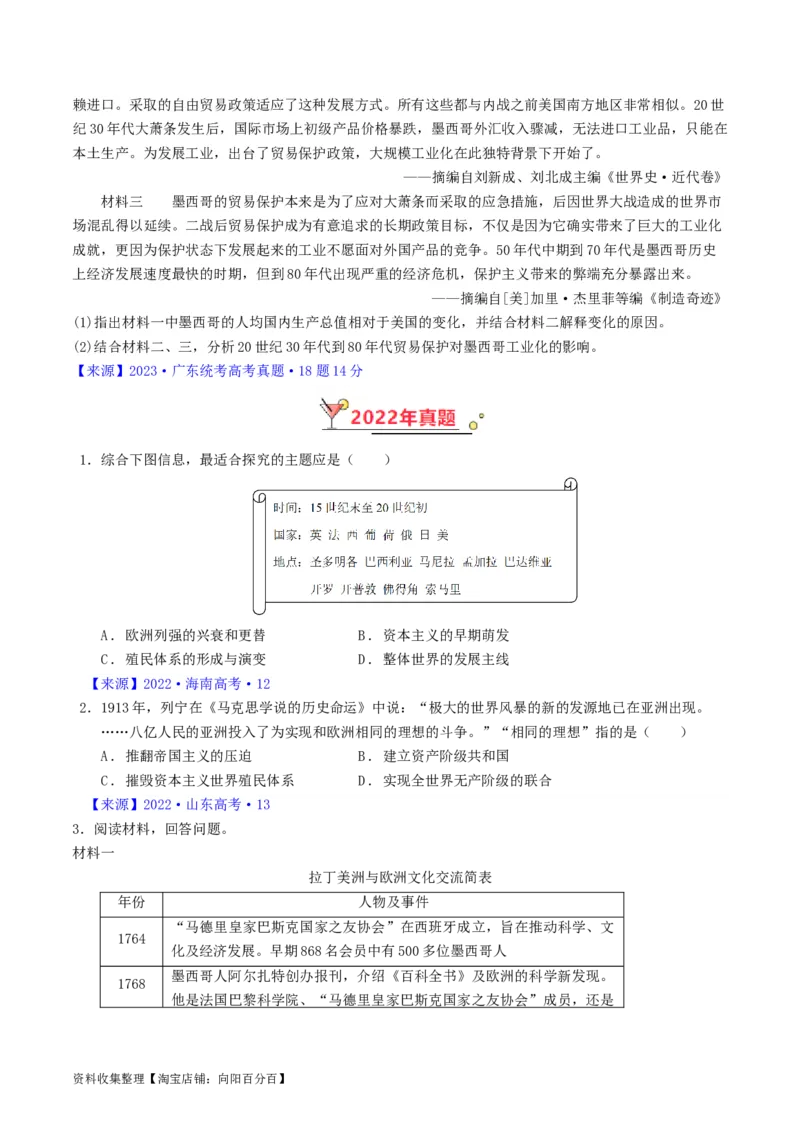专题11世界殖民体系与亚非拉民族民主运动（原卷版）_07高考历史_通用版（老高考）复习资料_2024年复习资料_完五年（2019-2023）高考历史真题分项汇编（全国通用）