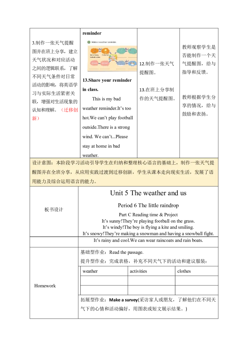 Unit5Theweatherandus单元整体教学设计表格式（5课时）_4上-新英语人教PEP版（2025持续更新）_04教案+教学计划_表格式单元整体教学设计