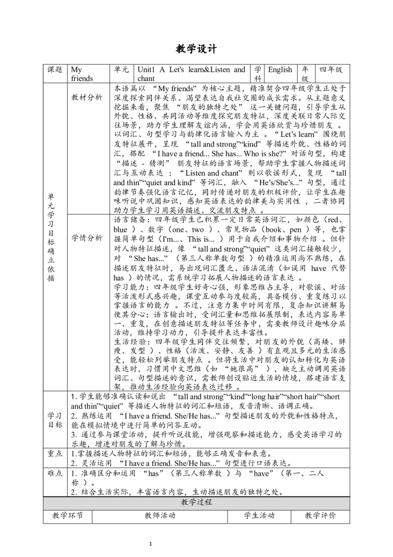 教案_4上-新英语人教PEP版（2025持续更新）_02课件+核心素养教案（更新至U5）_Unit2Myfriends_Unit2MyfriendsALet&rsquo;slearn课件+教案+素材(共35张PPT)_unit2ALet&rsquo;slearn(课件+教案+素材）