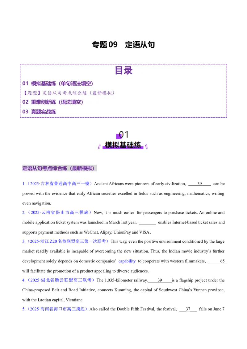 专题09定语从句（练习）（原卷版）_02高考数学_2025年新高考资料_二轮复习_01高考语文等多个文件_上好课2025年高考英语二轮复习讲练测（新高考通用）_第三部分语法知识