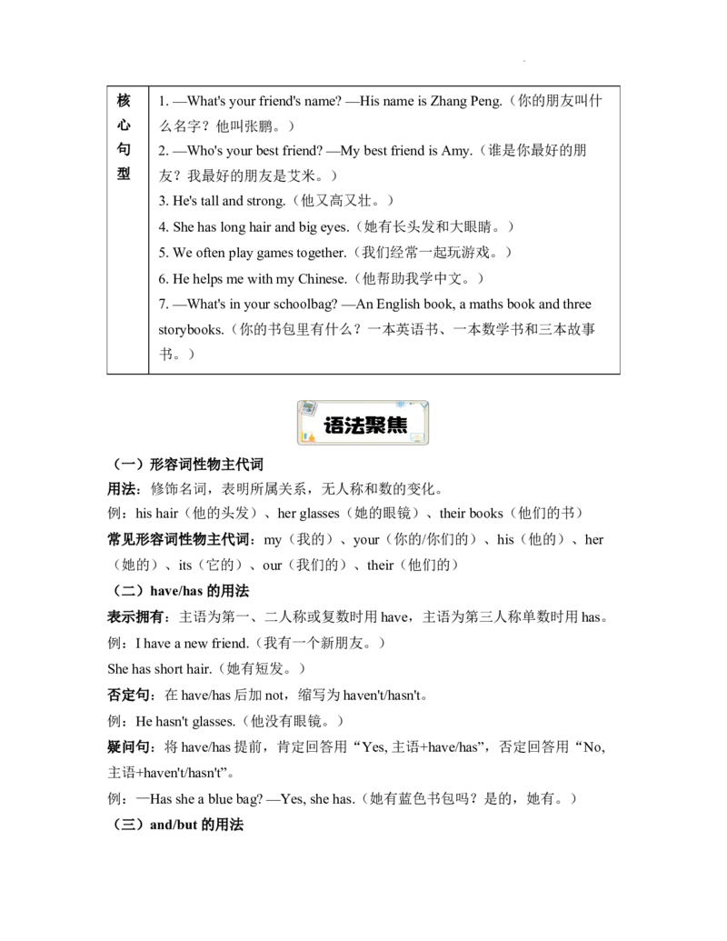 Unit2Myfriends知识点总结与练习（讲义）-2025-2026学年人教PEP版（2024）英语四年级上册_4上-新英语人教PEP版（2025持续更新）_05讲义_讲义+练习word(全）