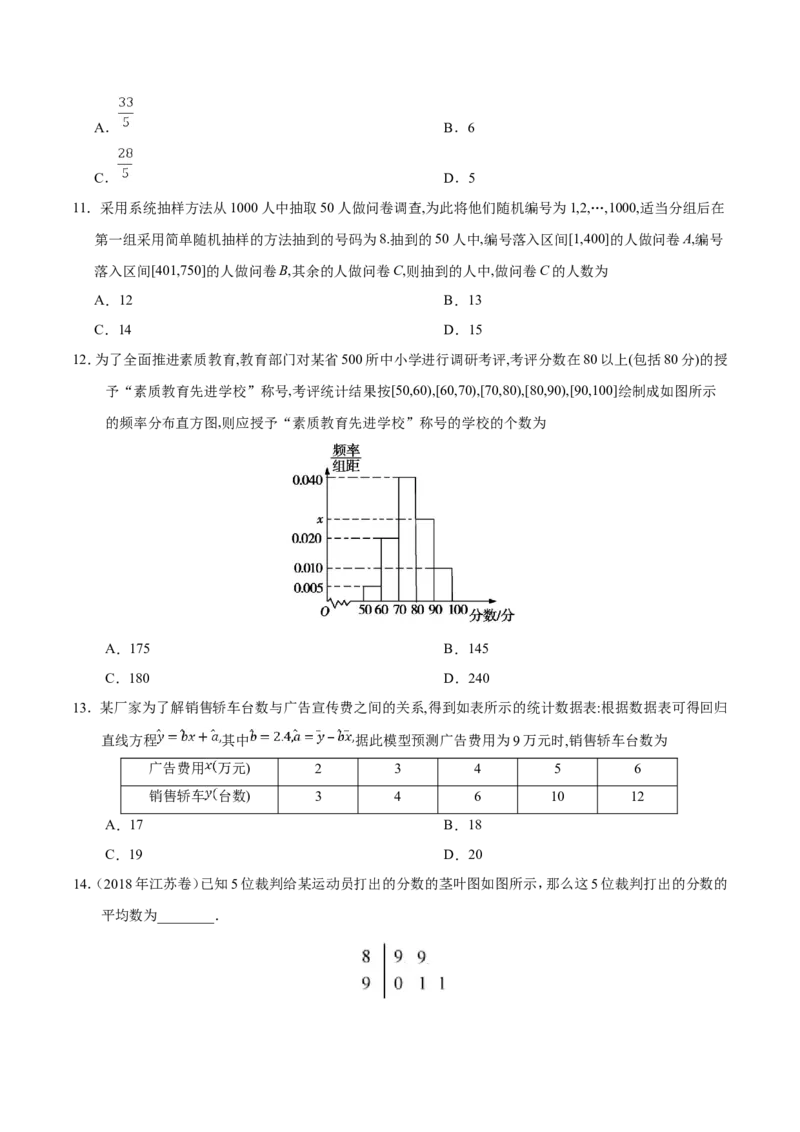 专题11统计-备战2019年高考数学（理）之纠错笔记系列（原卷版）_02高考数学_新高考复习资料_2022年新高考资料_2022年一轮复习各版本_1.新高考2022年高考数学一轮复习_原卷版