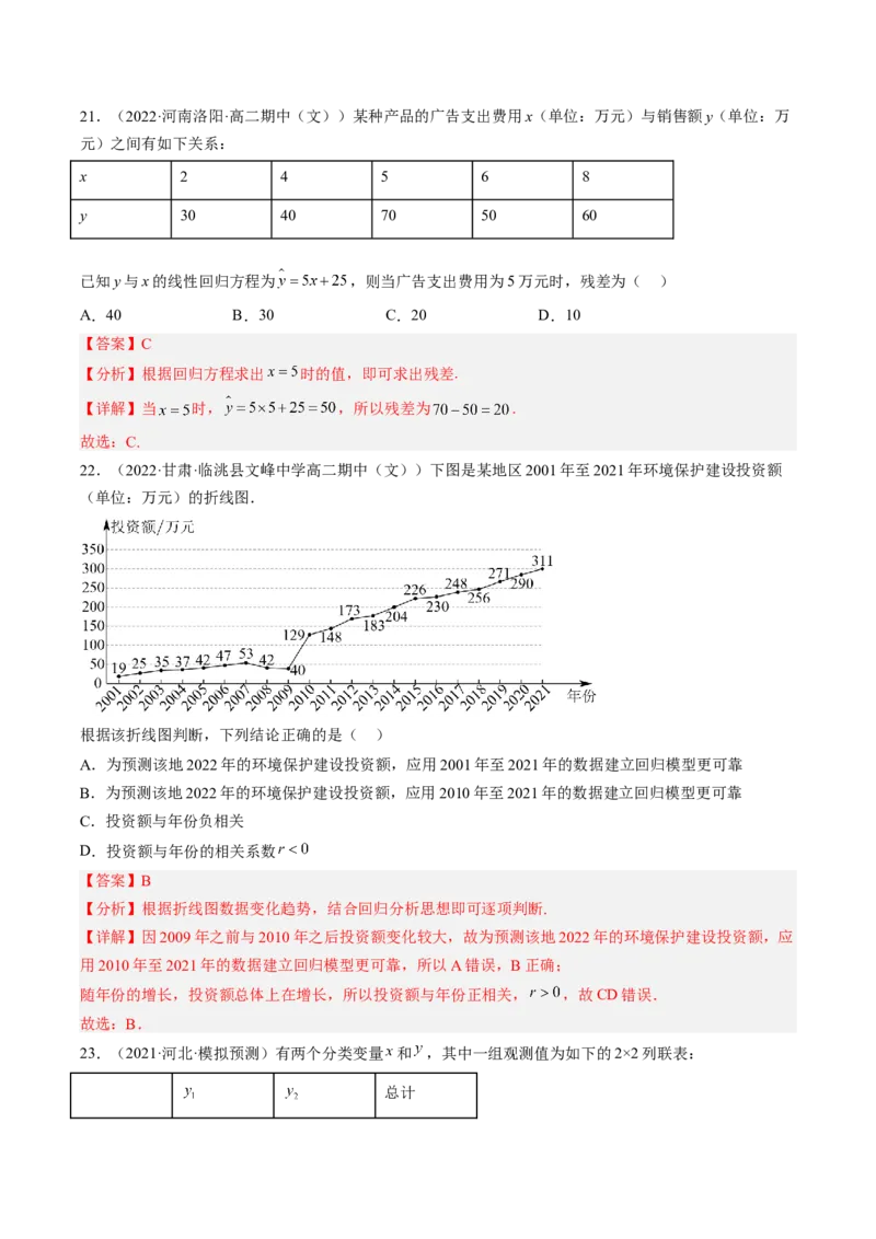 专题10统计案例（独立性检测与回归分析）（解析版）_02高考数学_通用版（老高考）复习资料_2023年复习资料_二轮复习