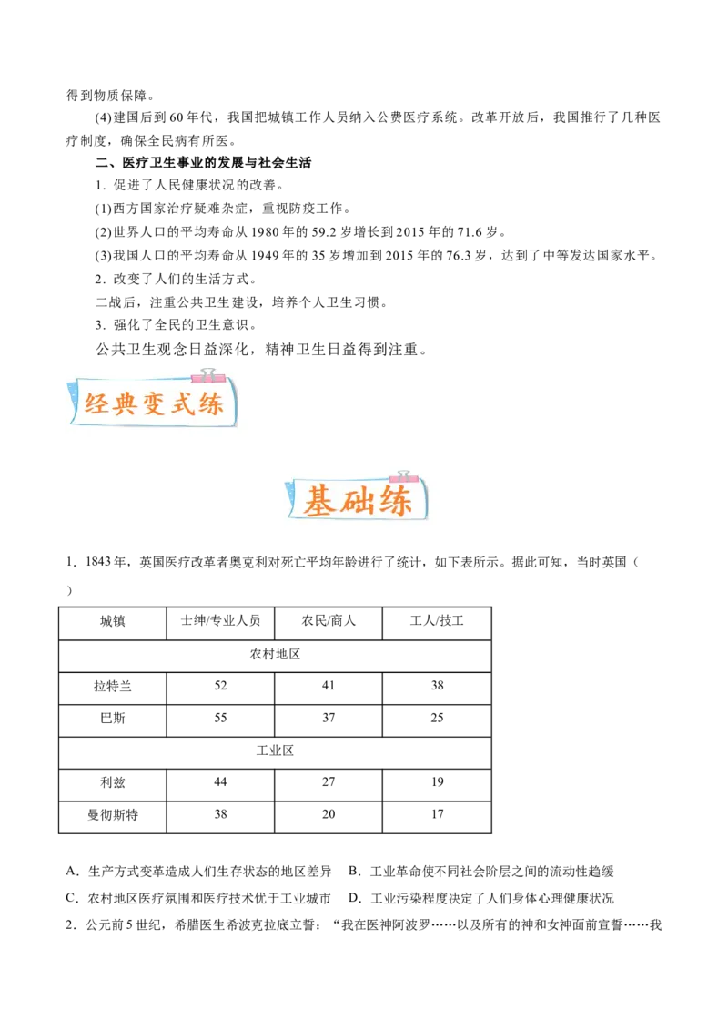 专题12人类的医疗与公共卫生（原卷版）-备战2023年高考历史一轮复习考点微专题（新高考地区专用）_07高考历史_新高考复习资料_2023年新高考复习资料