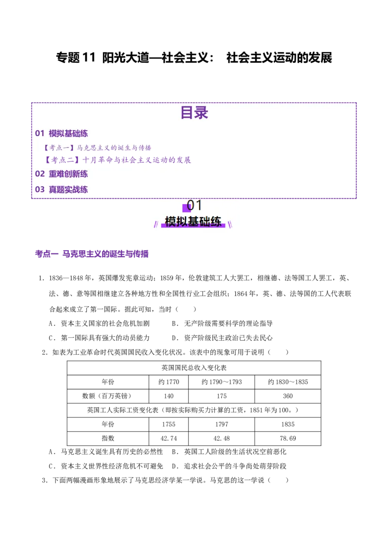 专题11阳光大道&mdash;社会主义：社会主义运动的发展（练习）（原卷版）_07高考历史_2025年新高考资料_二轮复习_01高考语文等多个文件
