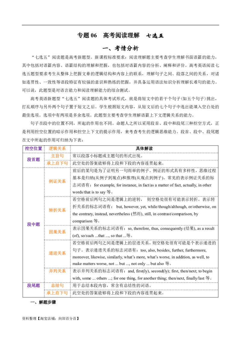 专题1.6阅读理解七选五（考情分析真题回顾最新模拟试题）（解析版）_03高考英语_新高考复习资料_2024年新高考资料_二轮复习资料_第一部分阅读理解_答案解析版（答案在最后面）