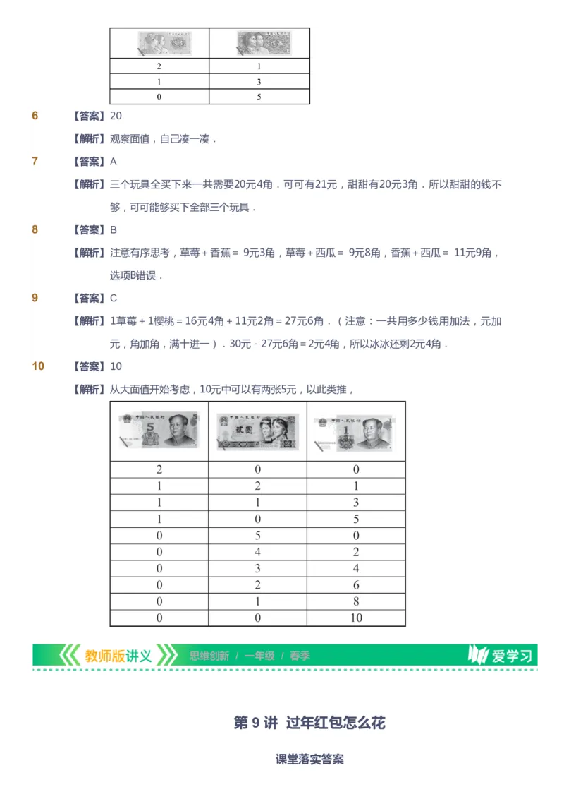 课本+自我巩固+课堂落实（答案）_《爱学习》小学初中数学和奥数资料_高斯数学爱学习课件_4奥数思维创新_一年级高斯数学思维创新_春数学1阶思维创新