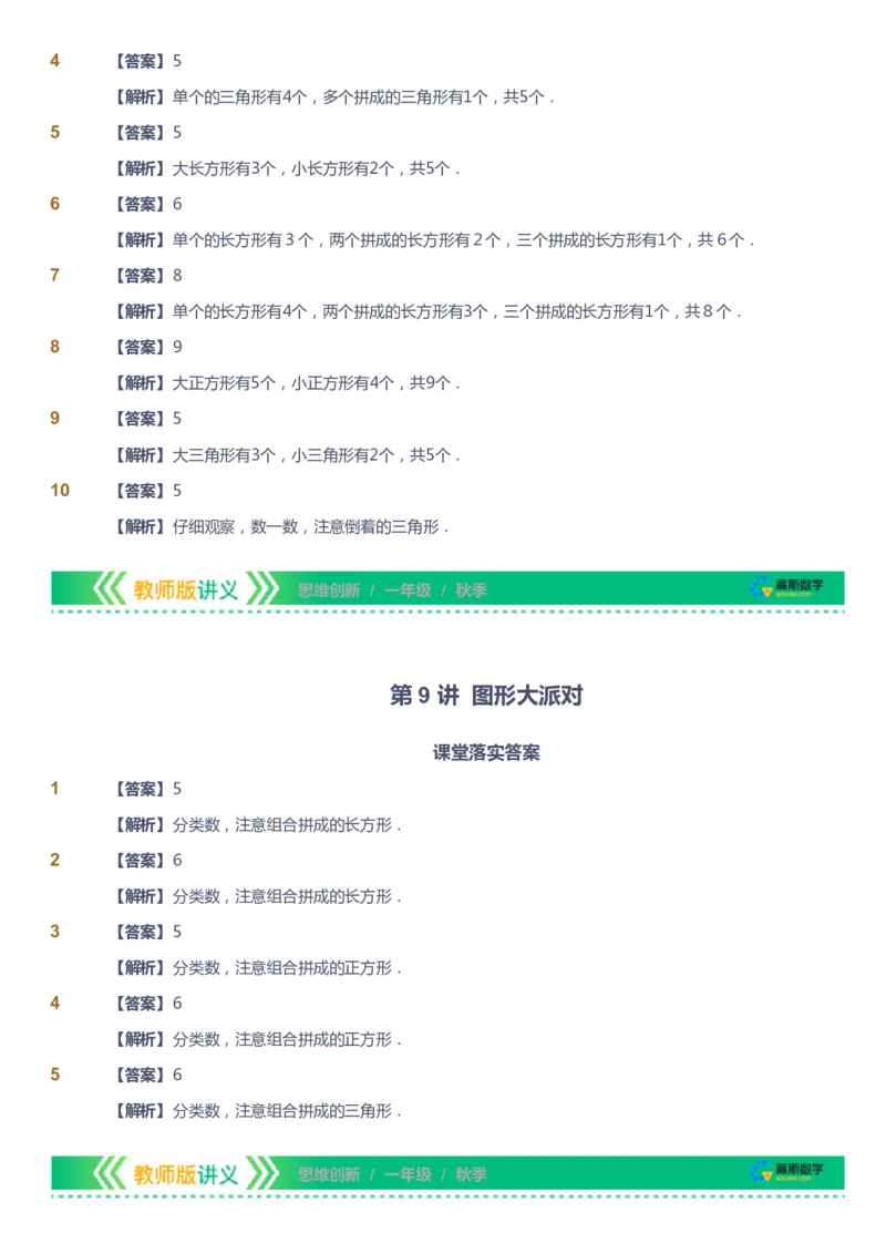 课本+自我巩固+课堂落实（答案）_《爱学习》小学初中数学和奥数资料_高斯数学爱学习课件_4奥数思维创新_一年级高斯数学思维创新_秋数学1阶思维创新