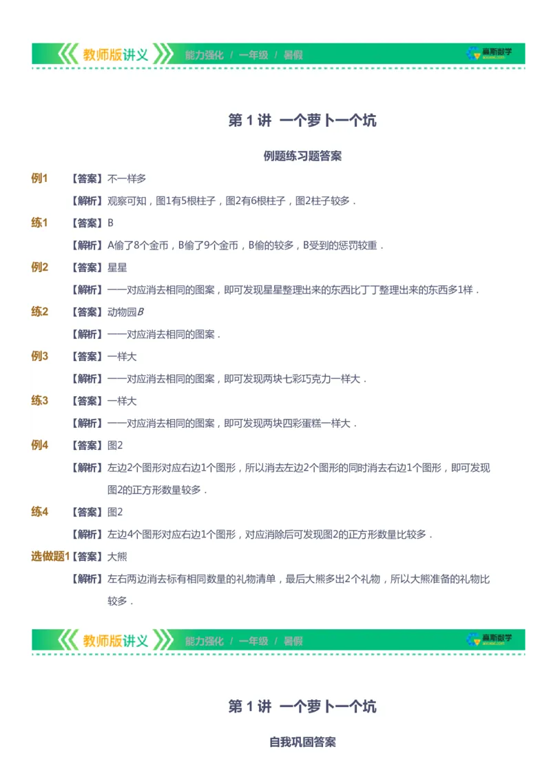 课本+自我巩固+课堂落实（答案）_《爱学习》小学初中数学和奥数资料_高斯数学爱学习课件_2人教小学能力强化_一年级高斯数学能力强化_暑数学1阶能力强化