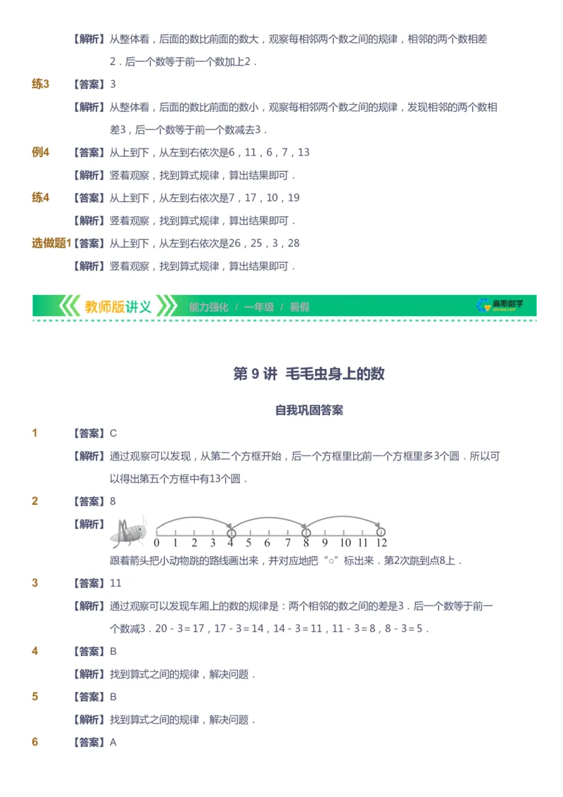 课本+自我巩固+课堂落实（答案）_《爱学习》小学初中数学和奥数资料_高斯数学爱学习课件_2人教小学能力强化_一年级高斯数学能力强化_暑数学1阶能力强化
