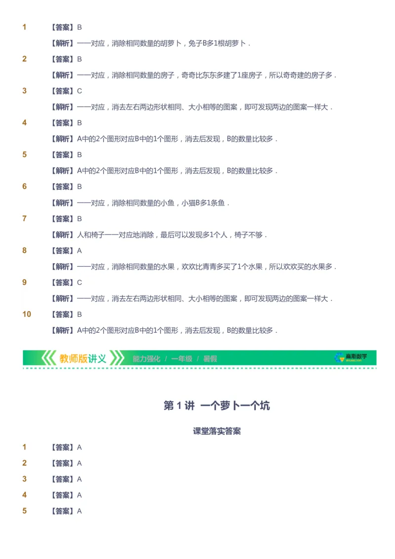 课本+自我巩固+课堂落实（答案）_《爱学习》小学初中数学和奥数资料_高斯数学爱学习课件_2人教小学能力强化_一年级高斯数学能力强化_暑数学1阶能力强化