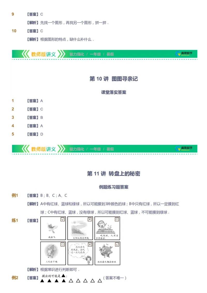 课本+自我巩固+课堂落实（答案）_《爱学习》小学初中数学和奥数资料_高斯数学爱学习课件_2人教小学能力强化_一年级高斯数学能力强化_暑数学1阶能力强化