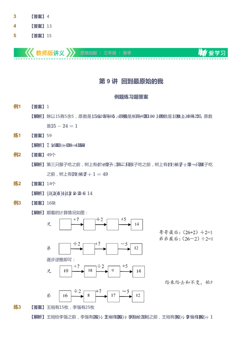 课本+自我巩固+课堂落实（答案）_《爱学习》小学初中数学和奥数资料_高斯数学爱学习课件_4奥数思维创新_三年级高斯数学思维创新_春数学3阶思维创新