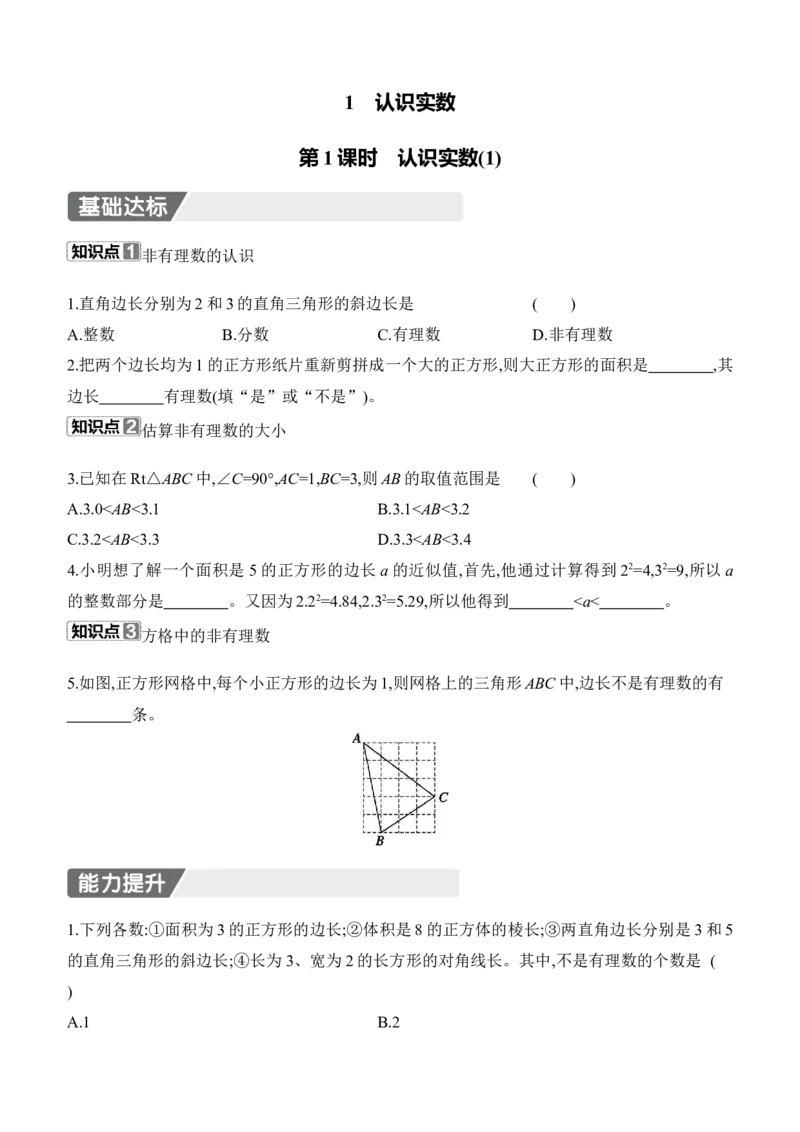 2.1　认识实数　第1课时　认识实数(1)_北师大初中数学_8上-北师大版初中数学_初中数学北师大8上-2025秋季新版_第二套推荐25_07习题试卷_同步练习_分层练习