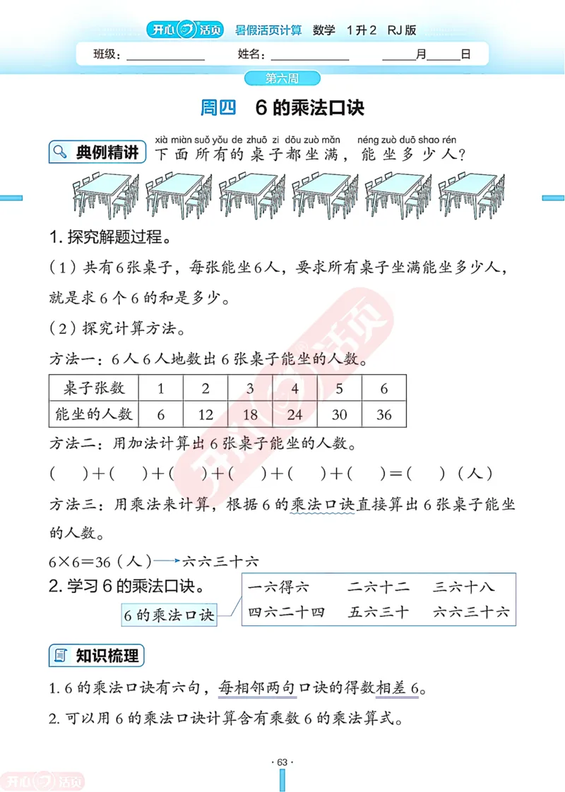 开心暑假活页计算&middot;数学&middot;1升2RJ版-可下载_25秋《开心活页》系列_开心暑假活页计算人教25年