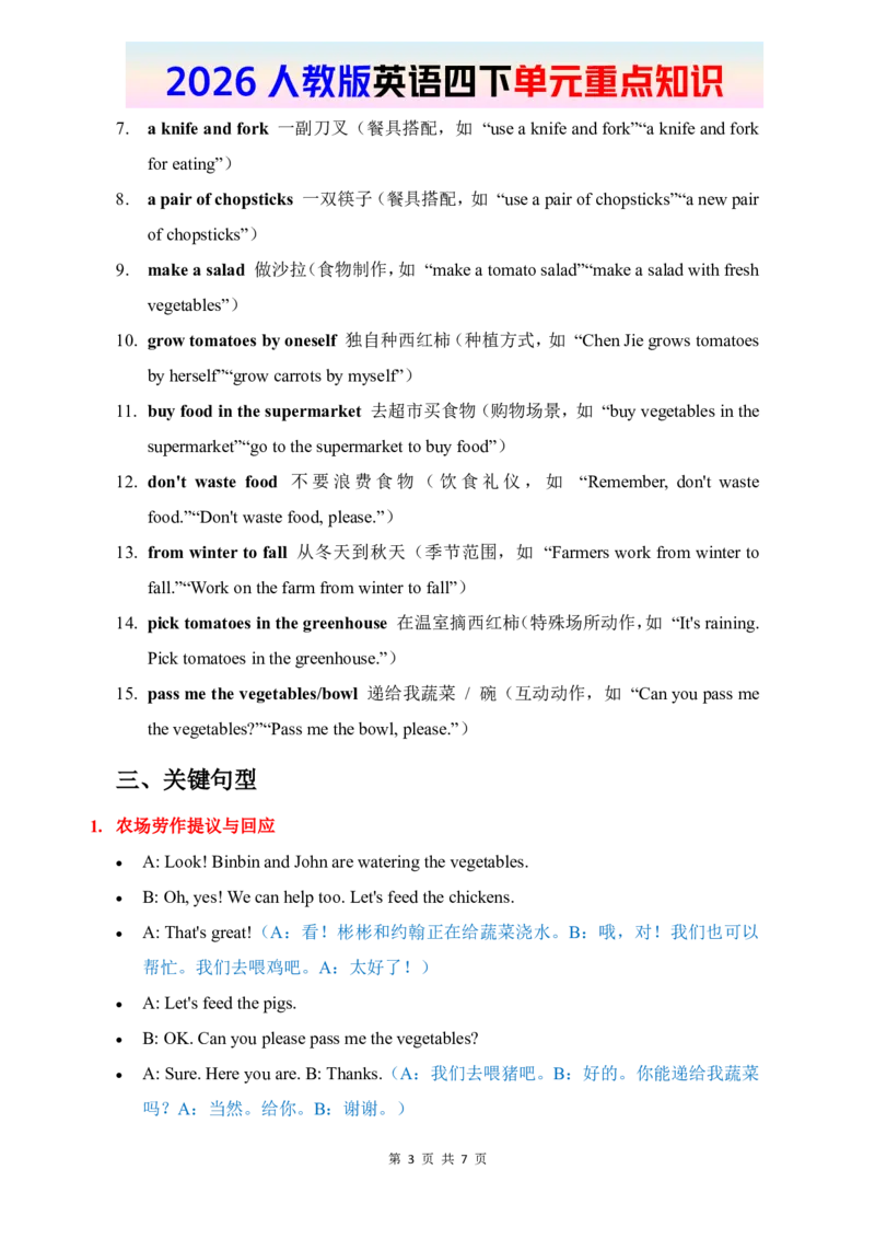 2026春人教版英语四下单元重点知识Unit6_4下-新英语人教PEP版（2026持续更新）_08知识清单（全册）_08.单元重点知识