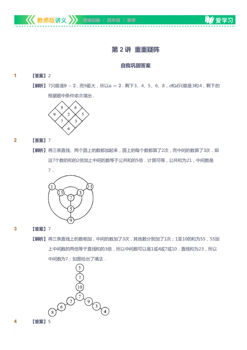 课本+自我巩固+课堂落实（答案）_《爱学习》小学初中数学和奥数资料_高斯数学爱学习课件_4奥数思维创新_四年级高斯数学思维创新_春数学4阶思维创新