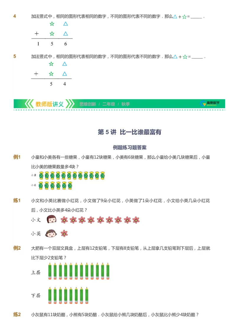 课本+自我巩固+课堂落实_《爱学习》小学初中数学和奥数资料_高斯数学爱学习课件_4奥数思维创新_二年级高斯数学思维创新_秋高斯数学2阶思维创新