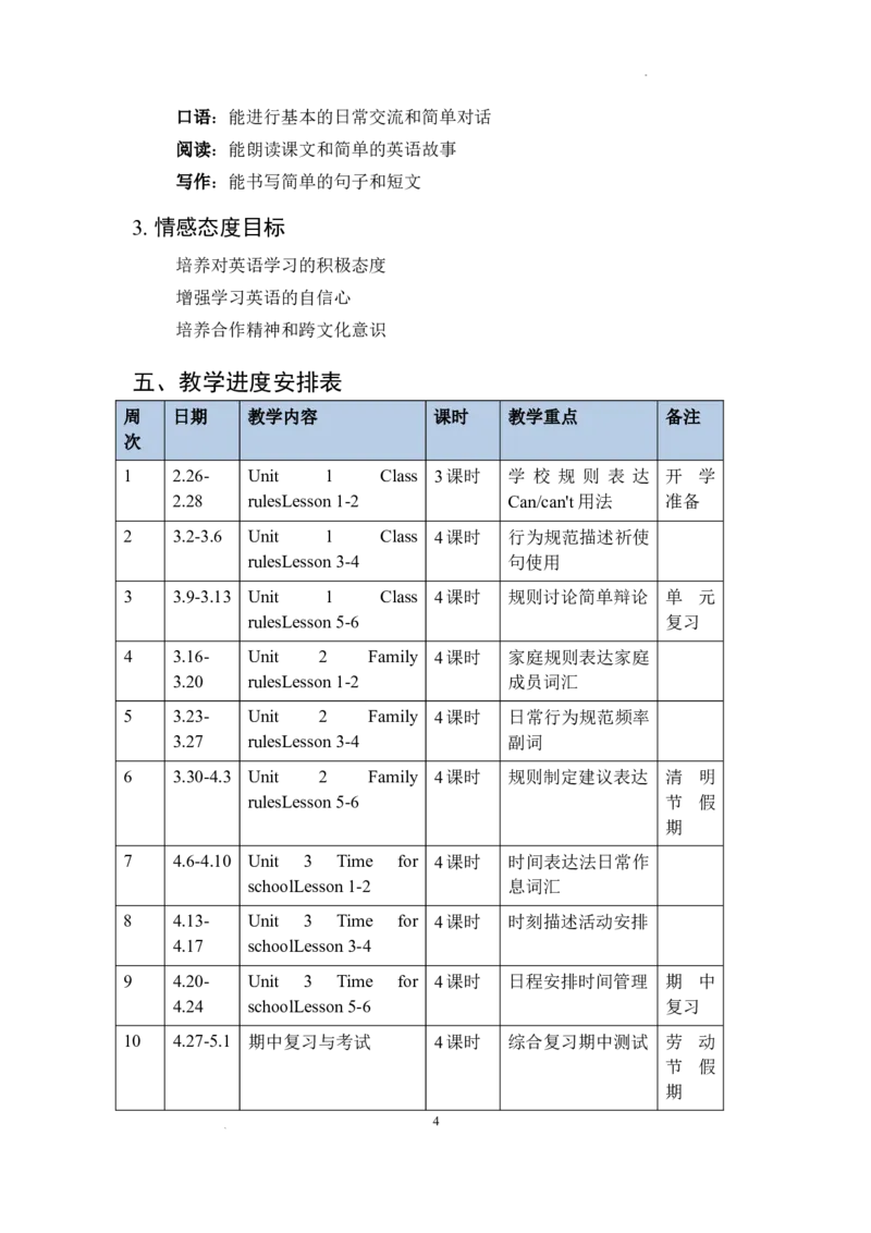 教学计划及进度表-2025-2026学年人教PEP版英语四年级下册_4下-新英语人教PEP版（2026持续更新）_09教学计划