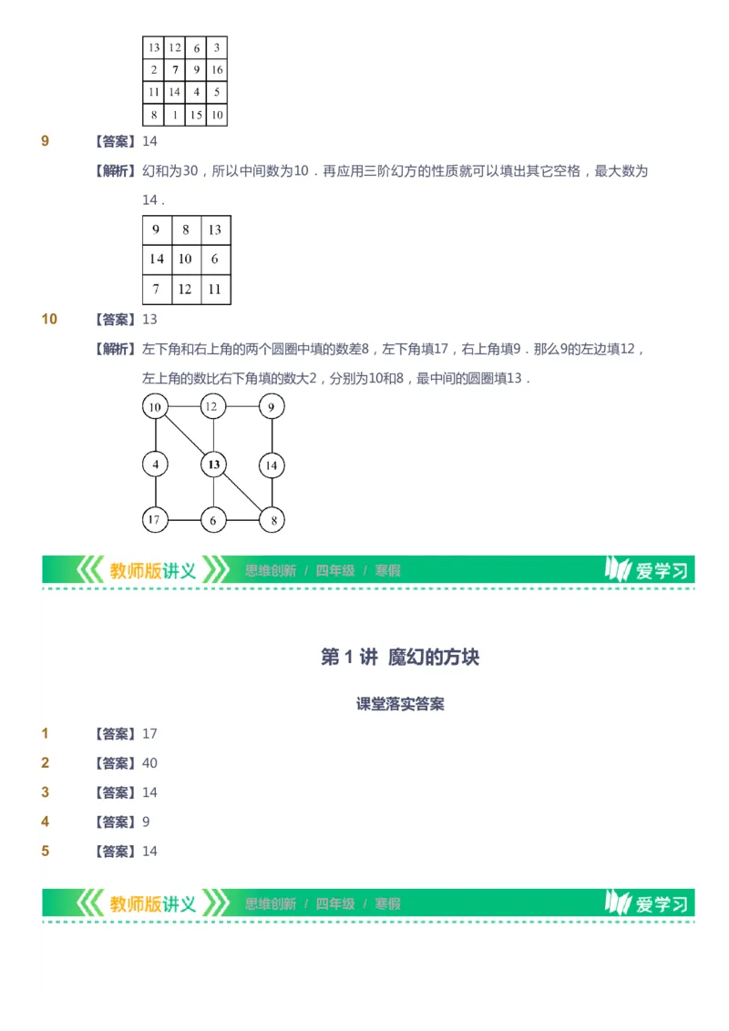 课本+自我巩固+课堂落实（答案）_《爱学习》小学初中数学和奥数资料_高斯数学爱学习课件_4奥数思维创新_四年级高斯数学思维创新_寒数学4阶思维创新