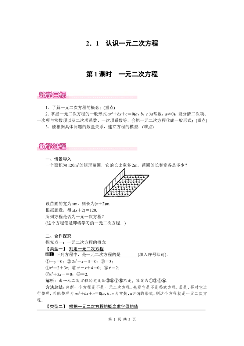 2.1第1课时一元二次方程1_北师大初中数学_9上-北师大版初中数学_03教案_全册教案（第1套）