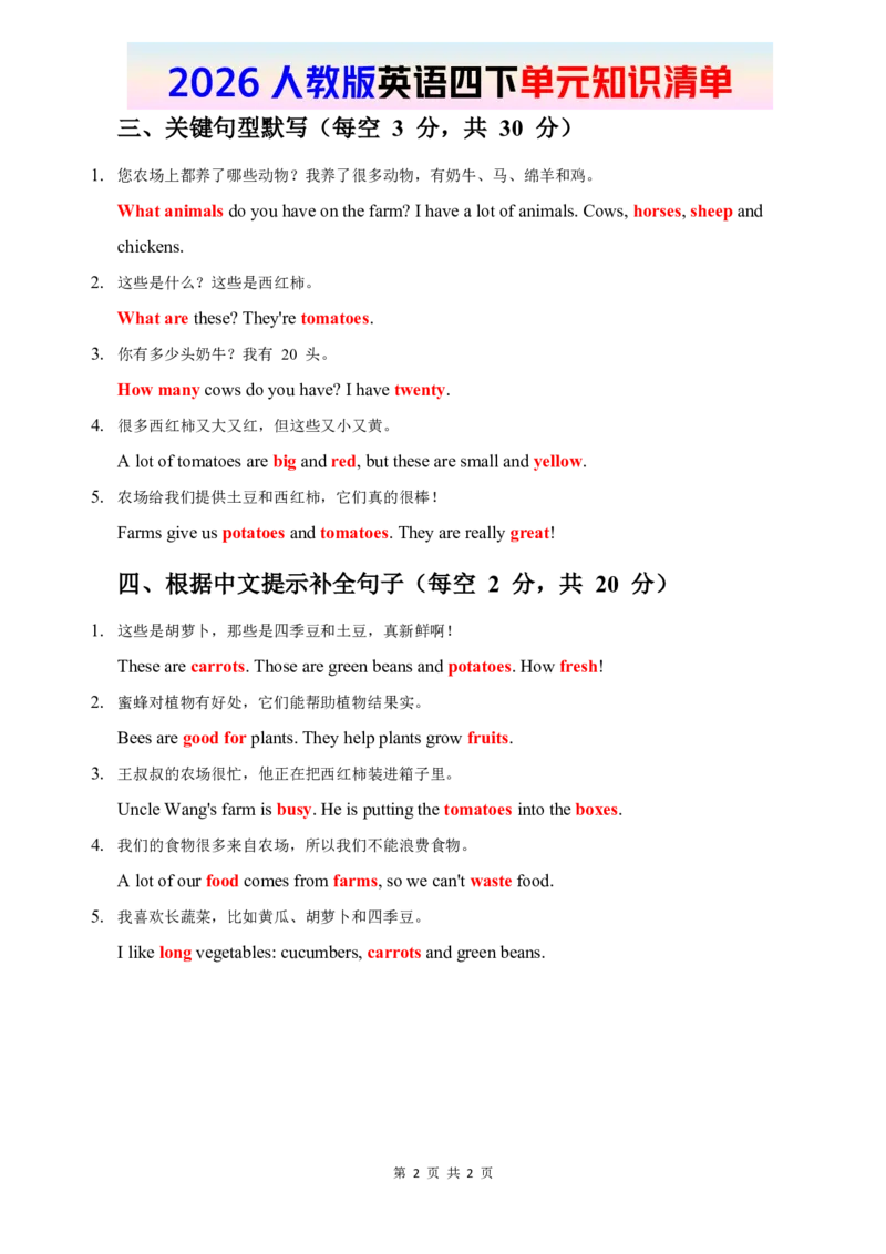 2026春人教版英语四下知识清单Unit5完整版_4下-新英语人教PEP版（2026持续更新）_08知识清单（全册）_08.知识清单