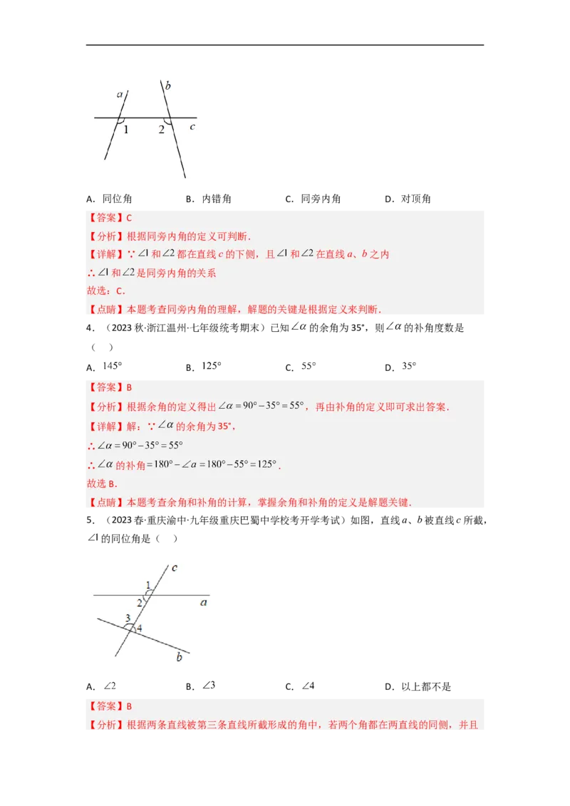 2.1两条直线的位置关系（分层练习）（解析版）_北师大初中数学_7下-北师大版初中数学_7下-初中数学北师大版（旧版）赠送_05习题试卷_1课时练习_同步练习（第1套）