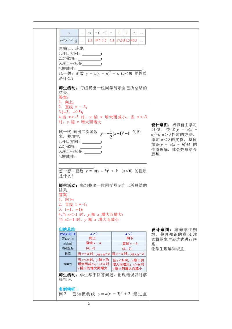 2.2第4课时二次函数y=a(x-h)2+k的图象与性质教案_北师大初中数学_9下-北师大版初中数学_01课件+教案+学案新课标_教案_2.BS九下第二章二次函数