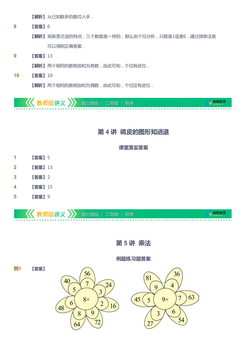 课本+自我巩固+课堂落实（答案）_《爱学习》小学初中数学和奥数资料_高斯数学爱学习课件_2人教小学能力强化_二年级高斯数学能力强化_秋数学2阶能力强化