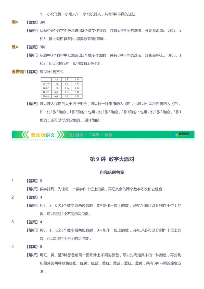 课本+自我巩固+课堂落实（答案）_《爱学习》小学初中数学和奥数资料_高斯数学爱学习课件_2人教小学能力强化_二年级高斯数学能力强化_秋数学2阶能力强化
