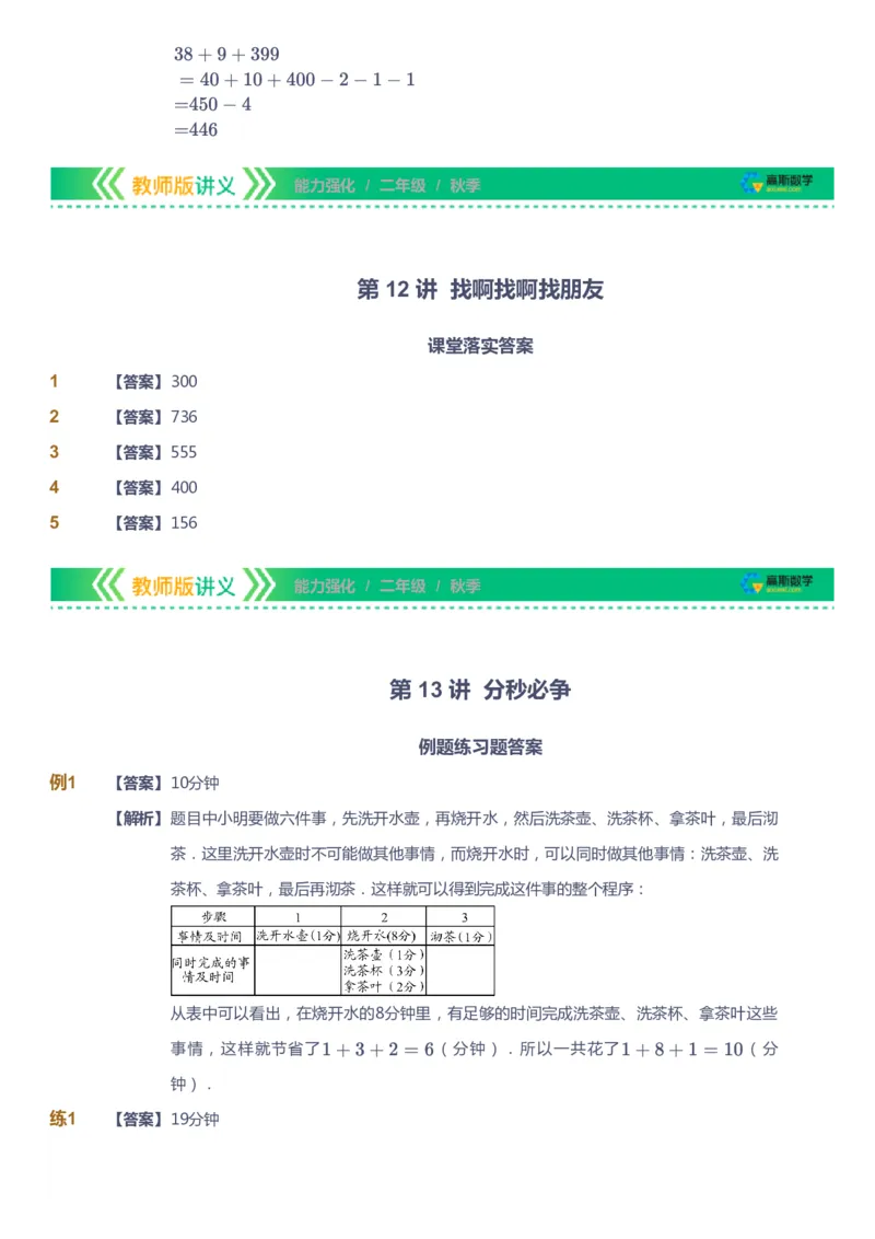 课本+自我巩固+课堂落实（答案）_《爱学习》小学初中数学和奥数资料_高斯数学爱学习课件_2人教小学能力强化_二年级高斯数学能力强化_秋数学2阶能力强化