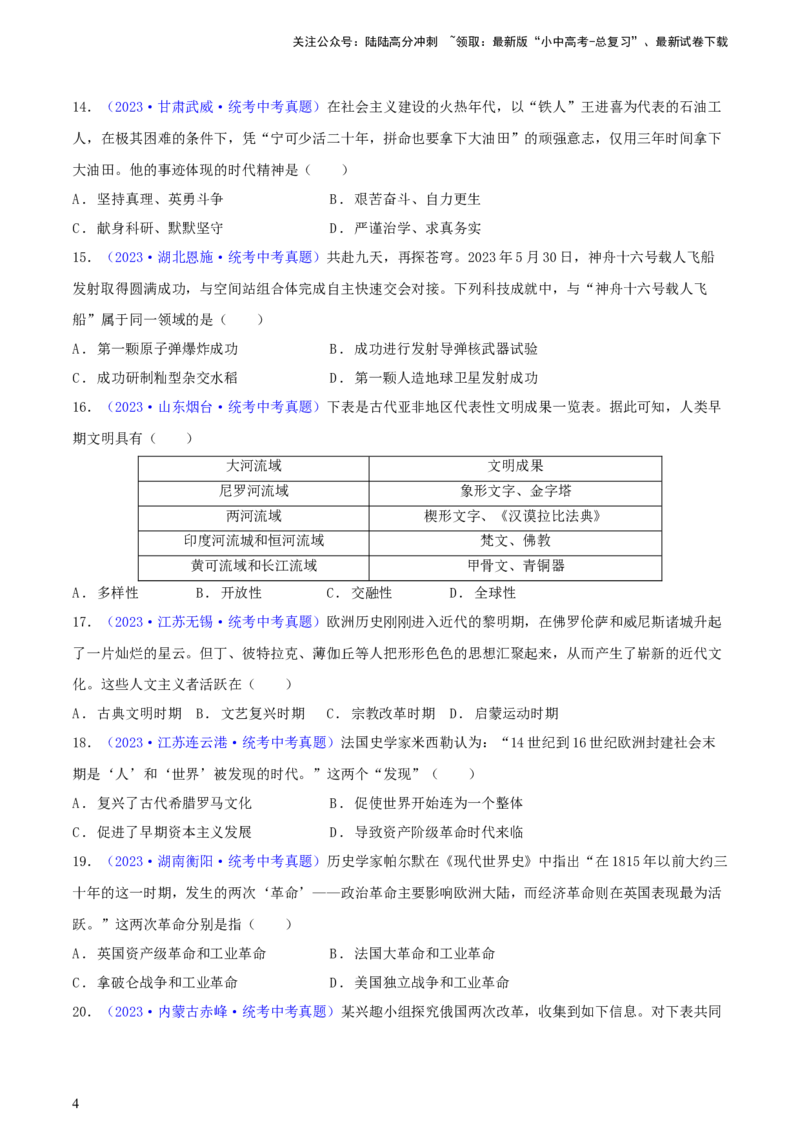 专题06比较异同类选择题（含答题技巧，题型专练60题）（原卷版）_02中考总复习（2026版更新中）_06-历史-中考总复习_2024年中考复习资料_二轮复习